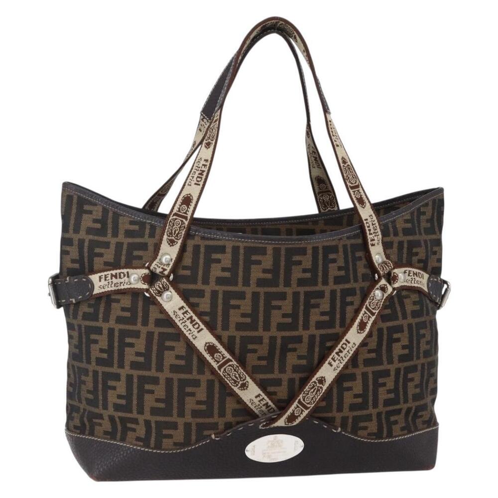 FENDI Zucca Canvas Celeria Tote Bag Black Brown Silver Auth am9502